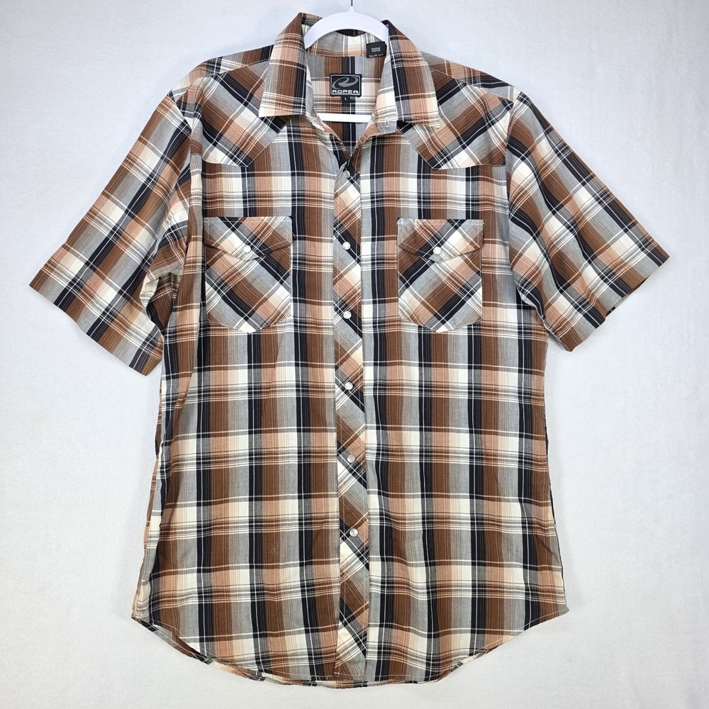 Roper Shirt Mens L Brown Plaid Short Sleeve Western Pearl Snap Pockets Casual